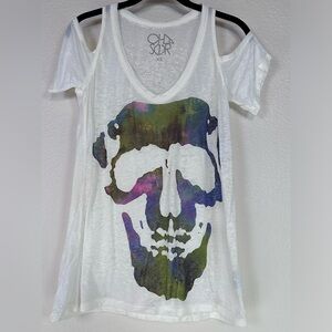 NWOT Chaser Skull Graphic Cold Shoulder‎ V-Neck Short Sleeve White Burnout Sz XS